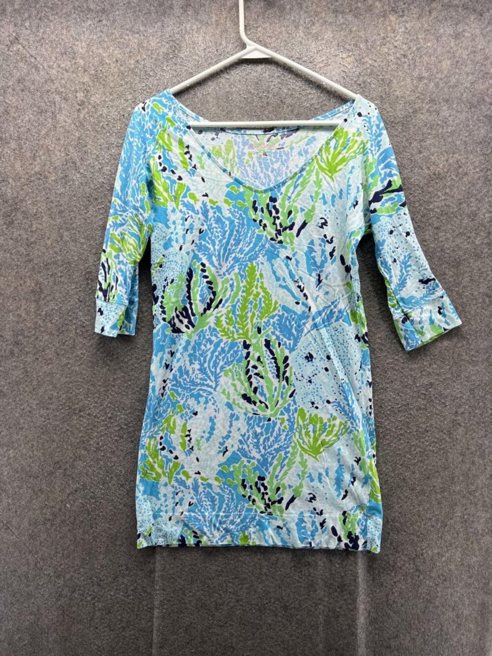 Lilly Pulitzer T Shirt Dress Womens XS Blue Floral Scoop Neck 3/4 Sleeve Jersey